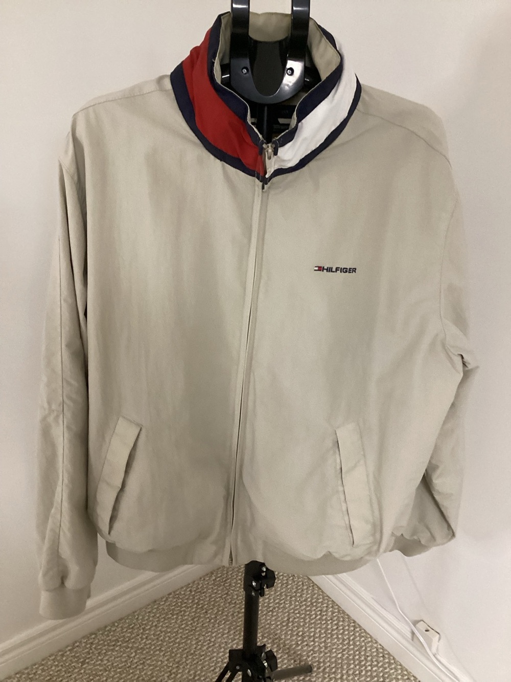 Vintage Tommy Hilfiger Beige Harrington Windbreaker Jacket With Hood Size XL